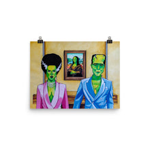 Load image into Gallery viewer, Orginal and handmade portrait of Frankenstein's Monster and Bride of Frankenstein at Louvre Museum in front of Leonardo da Vinci's Mona Lisa.  The Frankensteins artwork is inspired by the 2018 music video Apeshit by The Carters.,  The artwork is printed on high quality paper. This poster is guaranteed to make a statement in any room.
