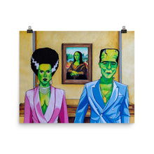 Load image into Gallery viewer, Orginal and handmade portrait of Frankenstein's Monster and Bride of Frankenstein at Louvre Museum in front of Leonardo da Vinci's Mona Lisa.  The Frankensteins artwork is inspired by the 2018 music video Apeshit by The Carters.,  The artwork is printed on high quality paper. This poster is guaranteed to make a statement in any room.
