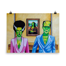 Load image into Gallery viewer, Orginal and handmade portrait of Frankenstein's Monster and Bride of Frankenstein at Louvre Museum in front of Leonardo da Vinci's Mona Lisa.  The Frankensteins artwork is inspired by the 2018 music video Apeshit by The Carters.,  The artwork is printed on high quality paper. This poster is guaranteed to make a statement in any room.
