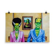 Load image into Gallery viewer, Orginal and handmade portrait of Frankenstein's Monster and Bride of Frankenstein at Louvre Museum in front of Leonardo da Vinci's Mona Lisa.  The Frankensteins artwork is inspired by the 2018 music video Apeshit by The Carters.,  The artwork is printed on high quality paper. This poster is guaranteed to make a statement in any room.
