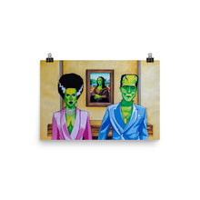 Load image into Gallery viewer, Orginal and handmade portrait of Frankenstein's Monster and Bride of Frankenstein at Louvre Museum in front of Leonardo da Vinci's Mona Lisa.  The Frankensteins artwork is inspired by the 2018 music video Apeshit by The Carters.,  The artwork is printed on high quality paper. This poster is guaranteed to make a statement in any room.
