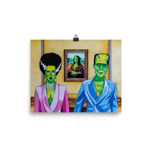 Load image into Gallery viewer, Orginal and handmade portrait of Frankenstein's Monster and Bride of Frankenstein at Louvre Museum in front of Leonardo da Vinci's Mona Lisa.  The Frankensteins artwork is inspired by the 2018 music video Apeshit by The Carters.,  The artwork is printed on high quality paper. This poster is guaranteed to make a statement in any room.
